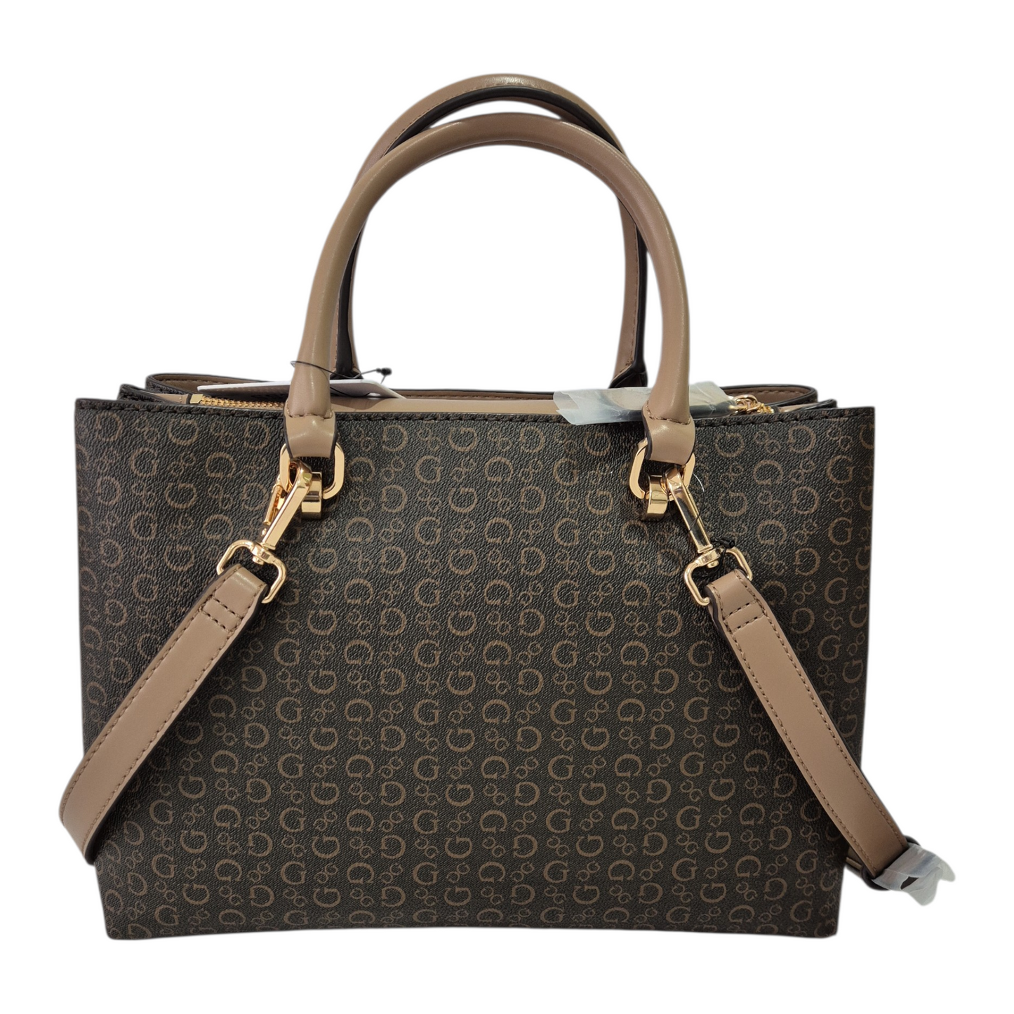 Bolso Guess café con monograma y asa de mano