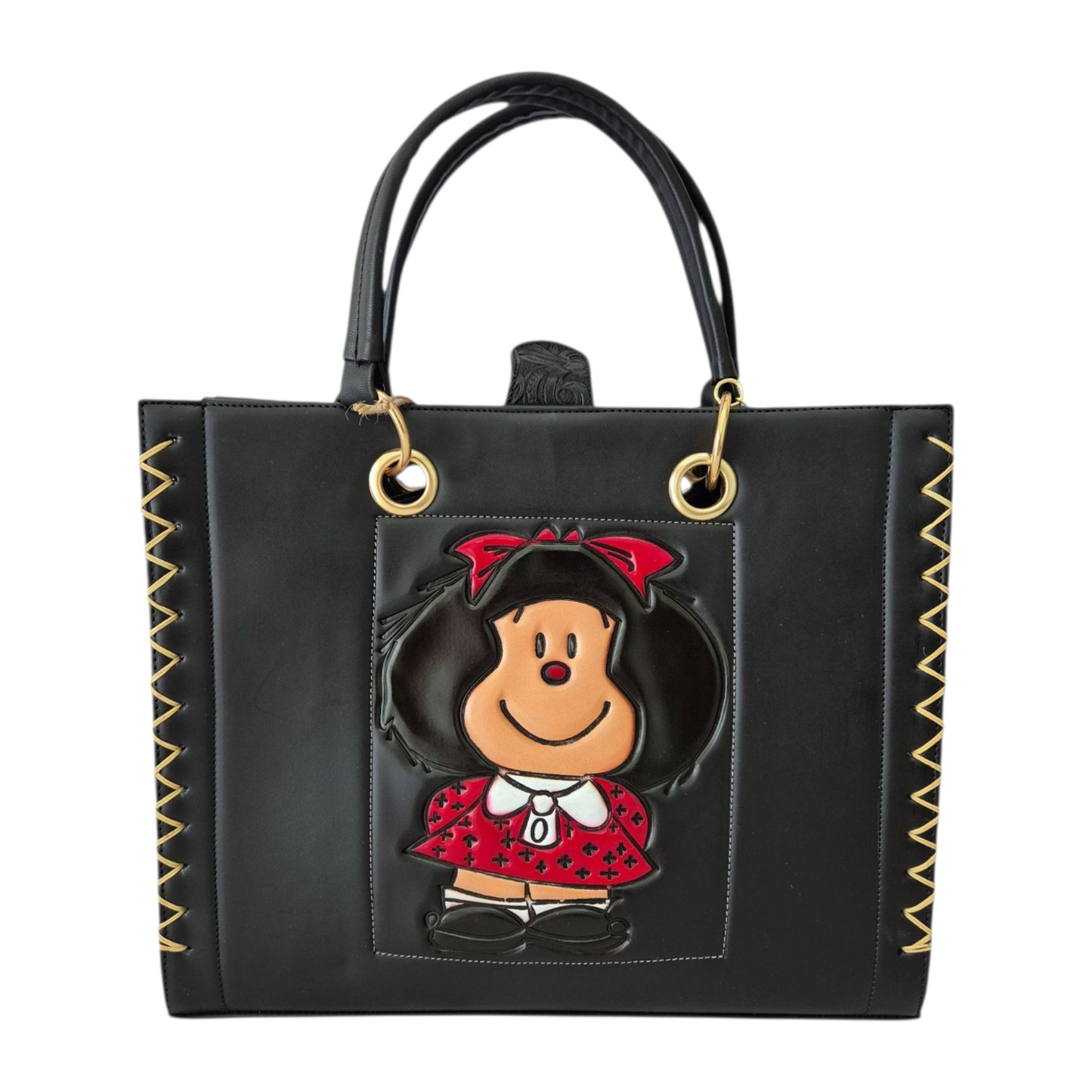 Bolsa artesanal negra tipo tote con diseño divertido, asa larga y cosmetiquera