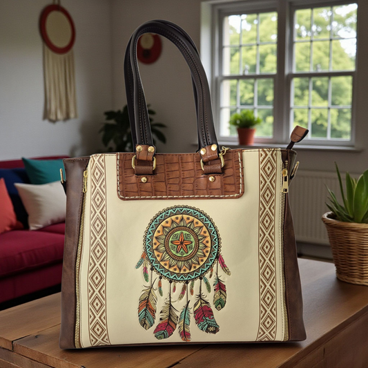 Bolsa beige con diseño de atrapasueños doble compartimento