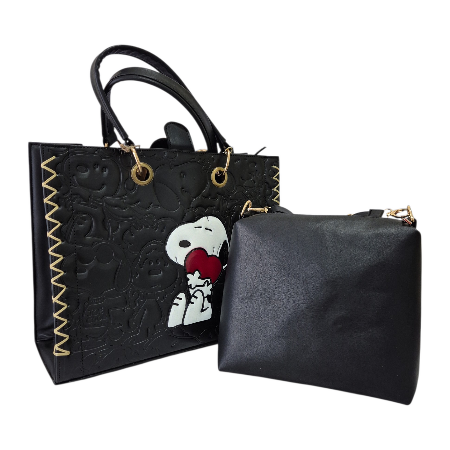 Brown Handbag with Embossed Design + Crossbody Cosmetic Bag with Puppy Detail