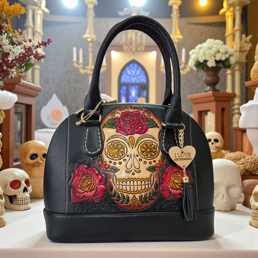 Bolsa artesanal con diseño de calavera floral — Elegancia mexicana hecha a mano