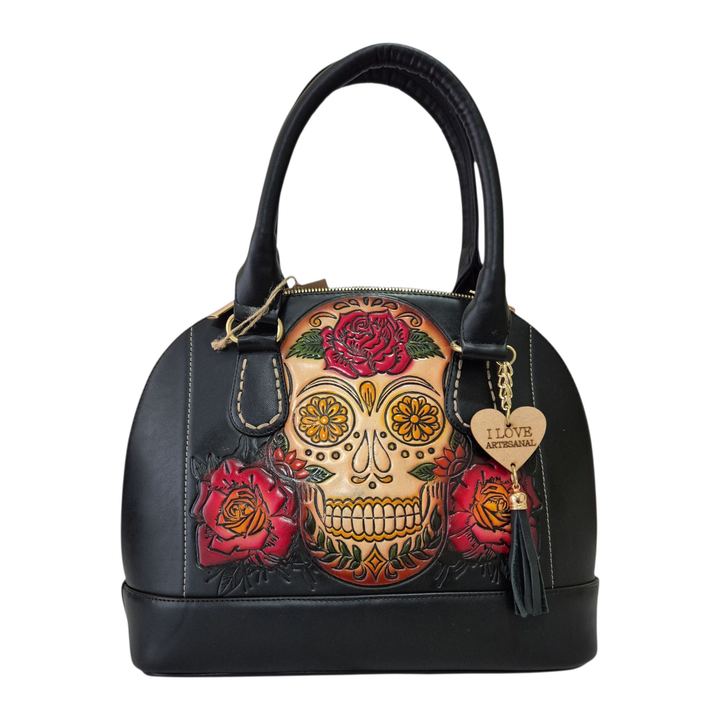 Bolsa artesanal con diseño de calavera floral — Elegancia mexicana hecha a mano