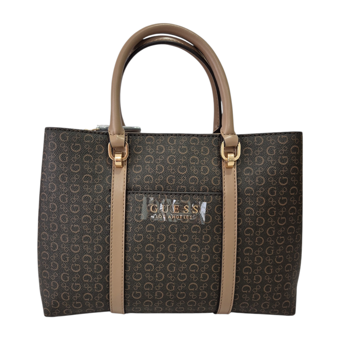 Bolso Guess café con monograma y asa de mano