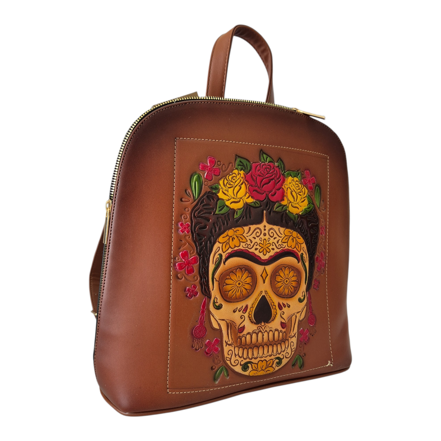 Handmade brown leather casual backpack with charming embossed character design