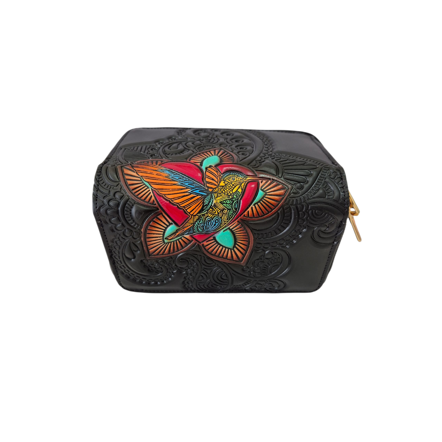 Billetera artesanal de piel grabada con colibrí multicolor