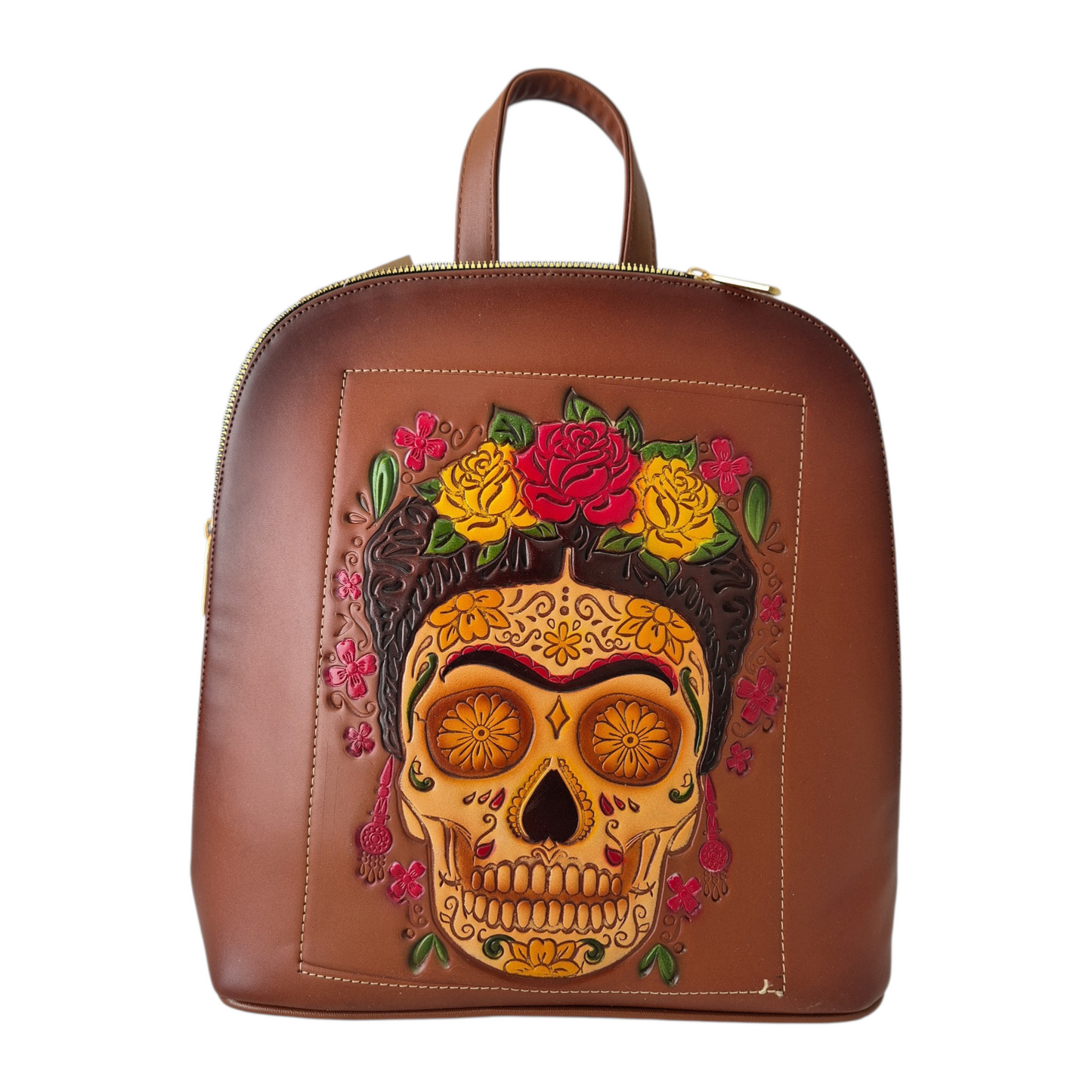 Handmade brown leather casual backpack with charming embossed character design