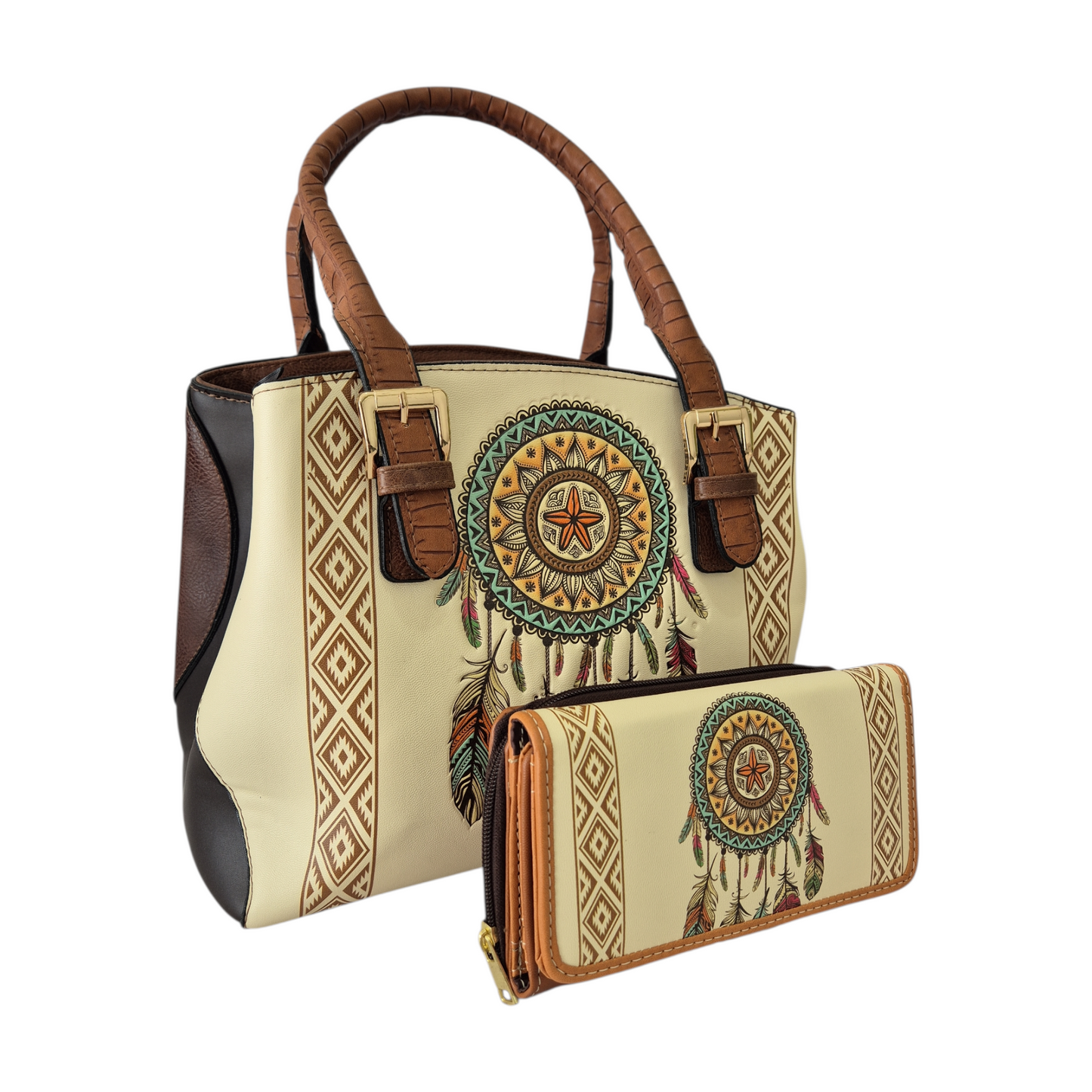 Set Artesanal de Bolsa y Billetera en Cuero Vegano con Diseño Étnico Atrapasueños