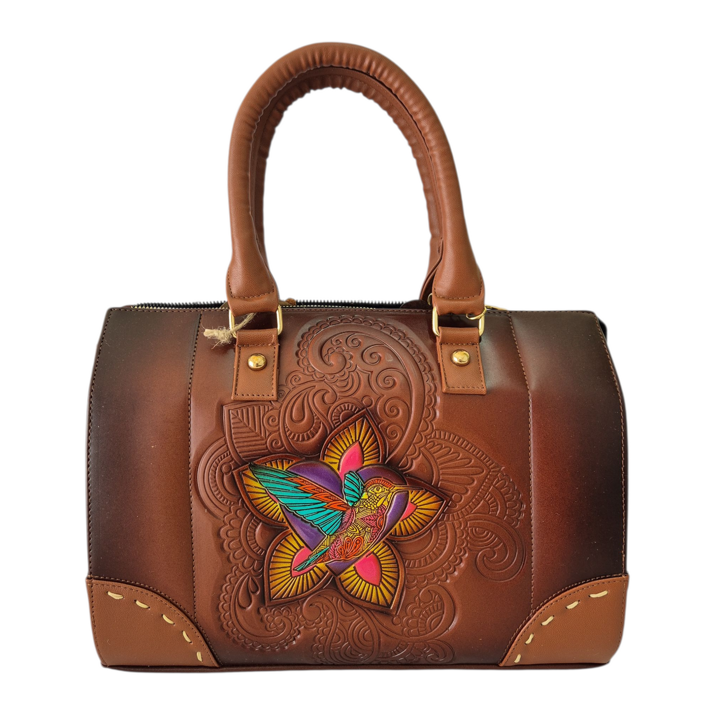 Bolsa artesanal café con diseño grabado y colibrí colorido