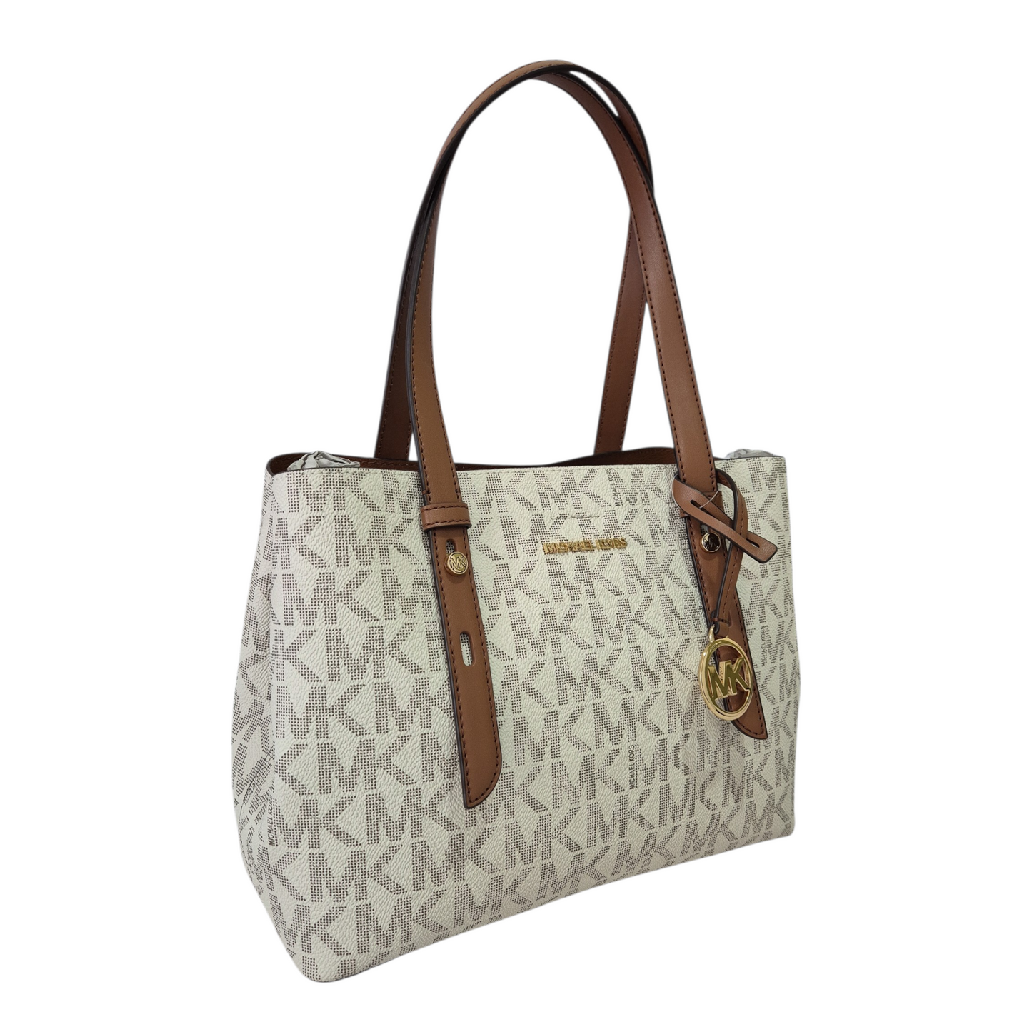 Bolsa Michael Kors tote MK Signature beige con detalles café mediana