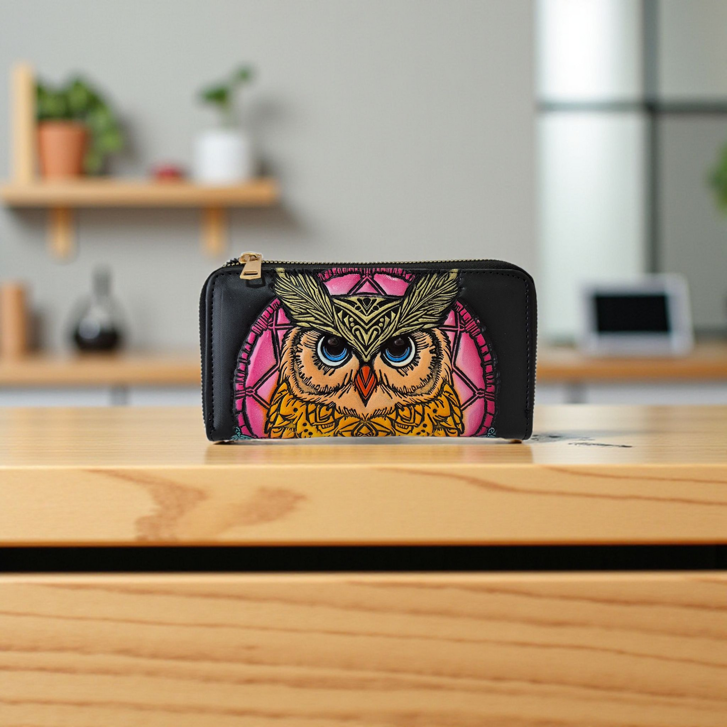 Billetera Artesanal con Búho y Atrapasueños Color Rosa
