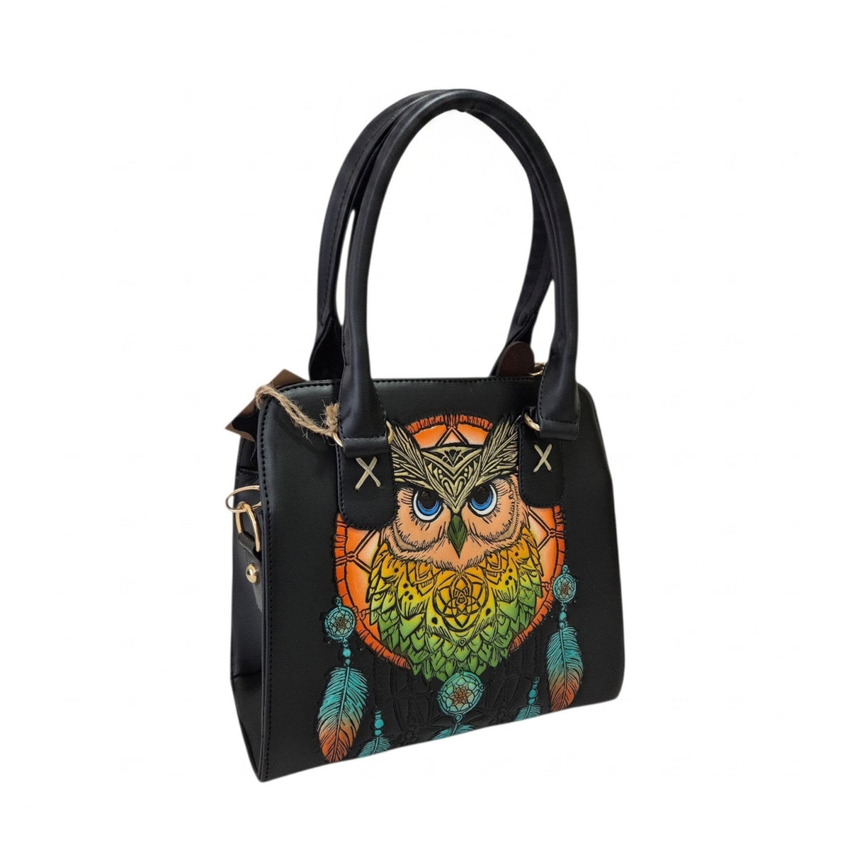 Bolsa Artesanal Negra con Búho en Relieve y Diseño Atrapasueños