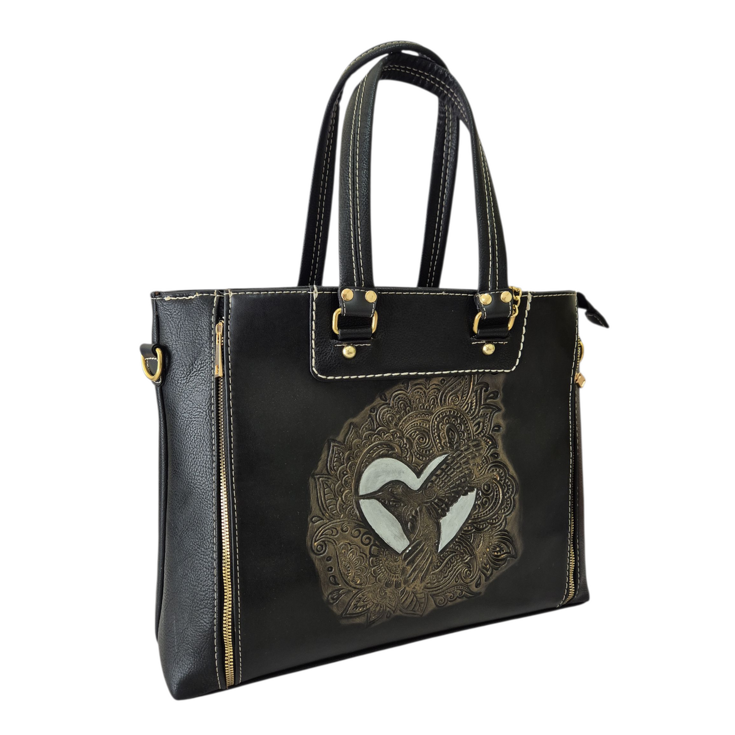 Bolsa negra con grabado de colibrí color oro antiguo doble compartimento