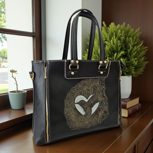 Bolsa negra con grabado de colibrí color oro antiguo doble compartimento