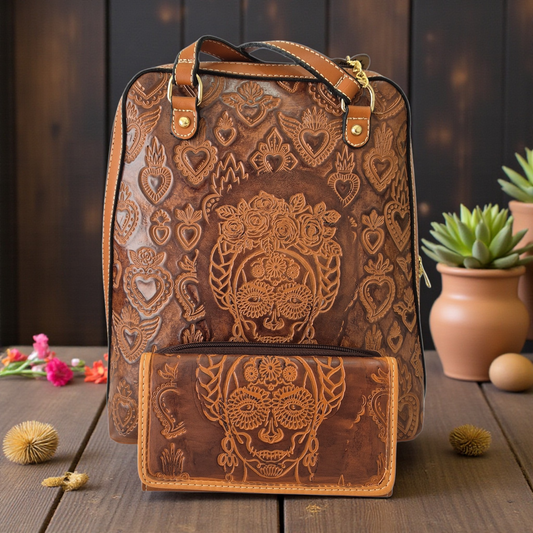 Bolsa Mochila Artesanal Convertible de Cuero Vegano con Billetera