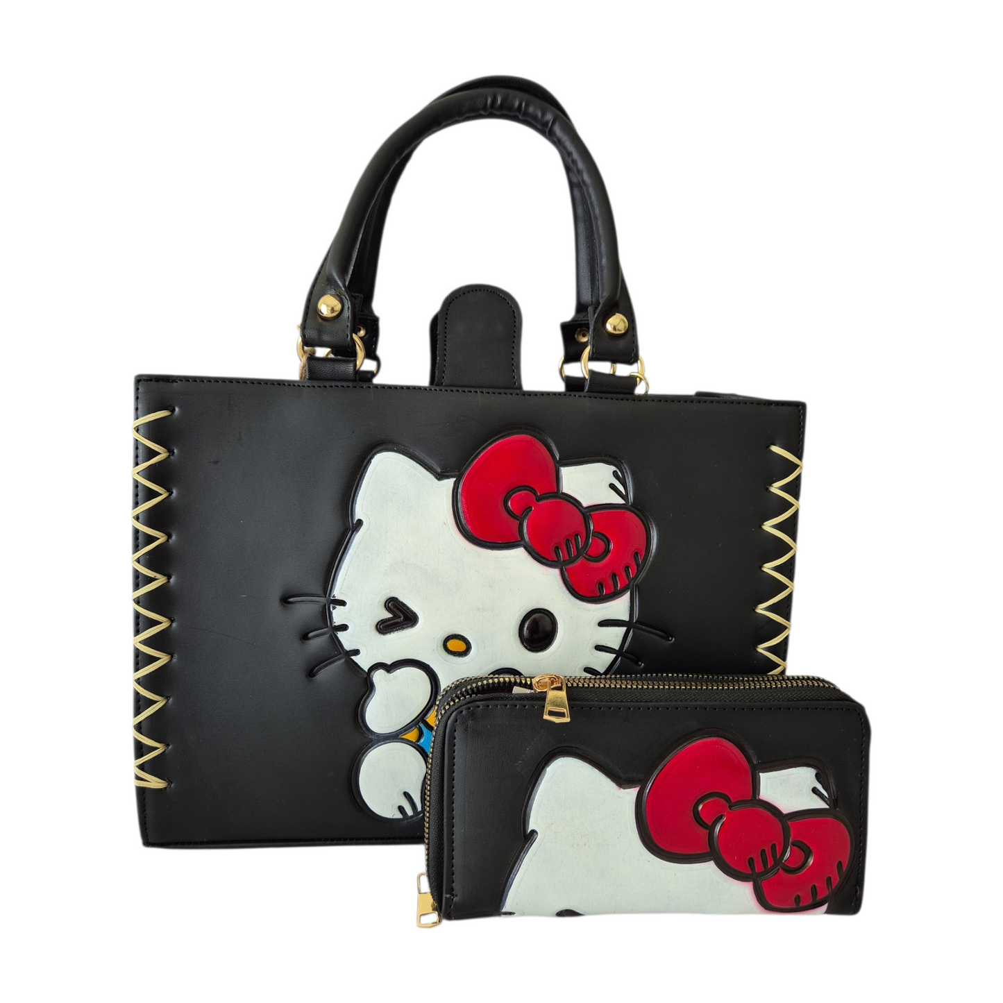 Bolso de Mano Negro con Diseño Cute + Billetera a Juego | Estilo Único y Elegante