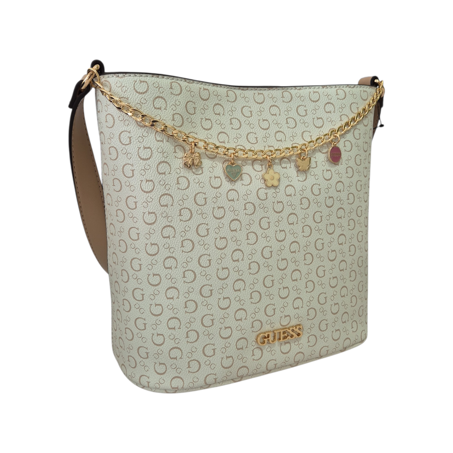 Bolsa Guess beige con cadena dorada y dijes original