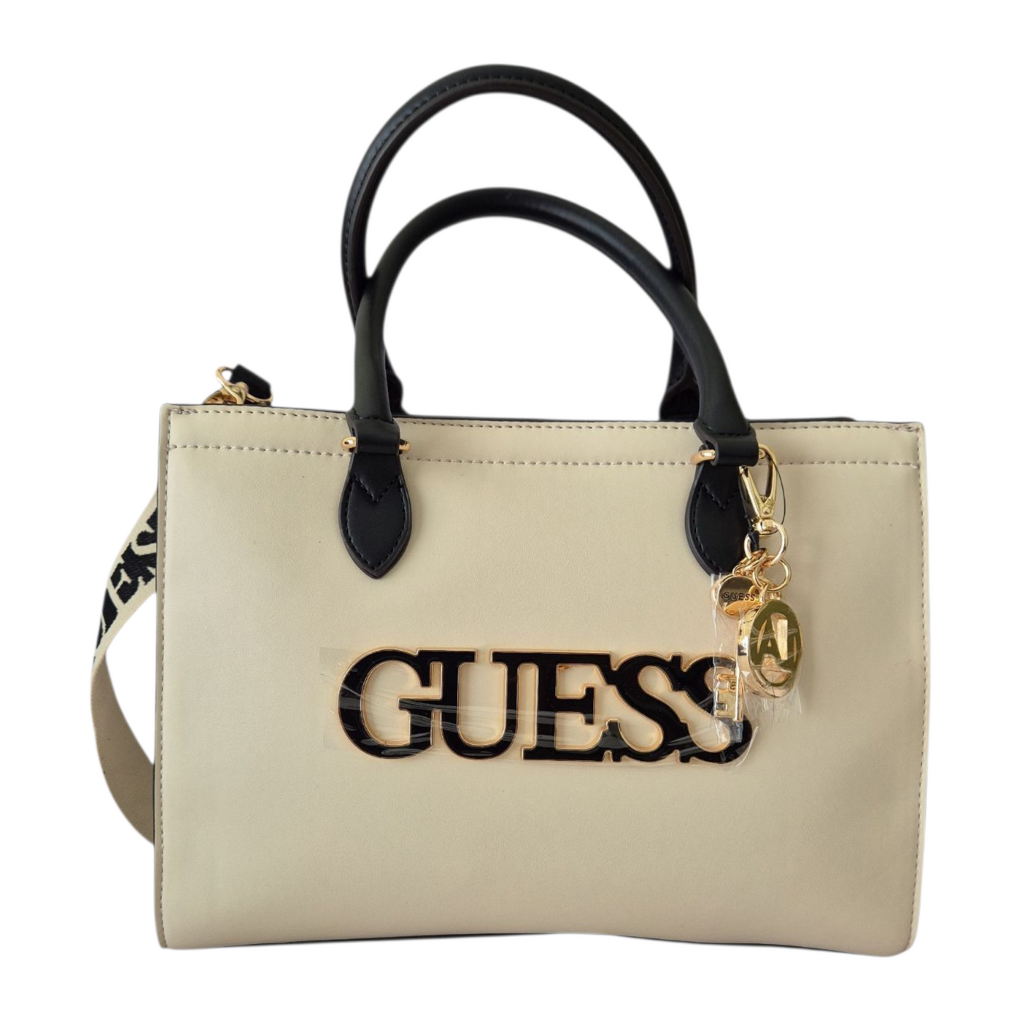 Bolsa beige con correa ajustable y asa corta, estilo elegante y moderno