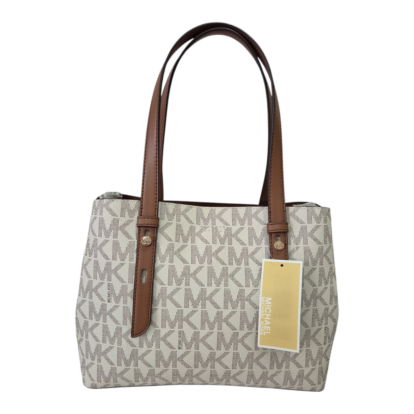 Bolsa Michael Kors tote MK Signature beige con detalles café mediana