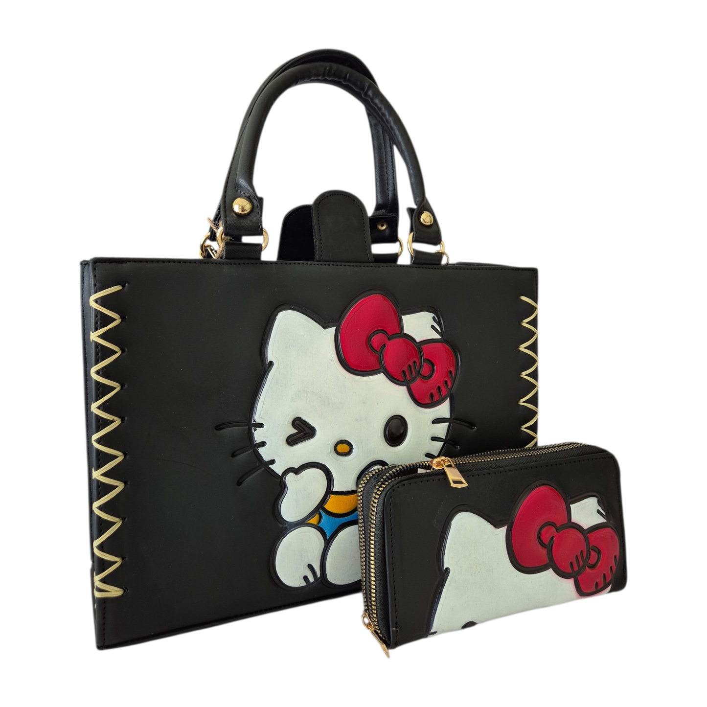 Bolso de Mano Negro con Diseño Cute + Billetera a Juego | Estilo Único y Elegante