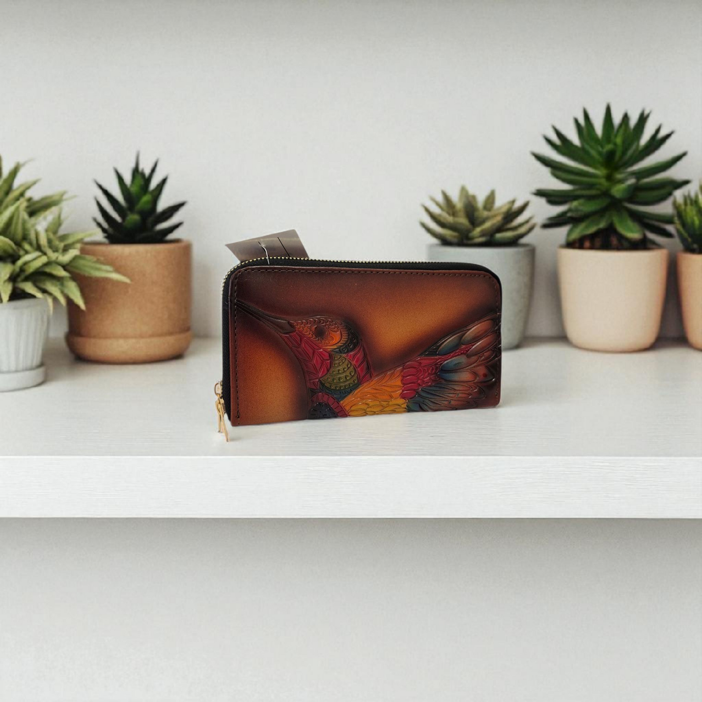 Billetera Artesanal de Piel con Diseño de Colibrí Cartera Hecha a Mano