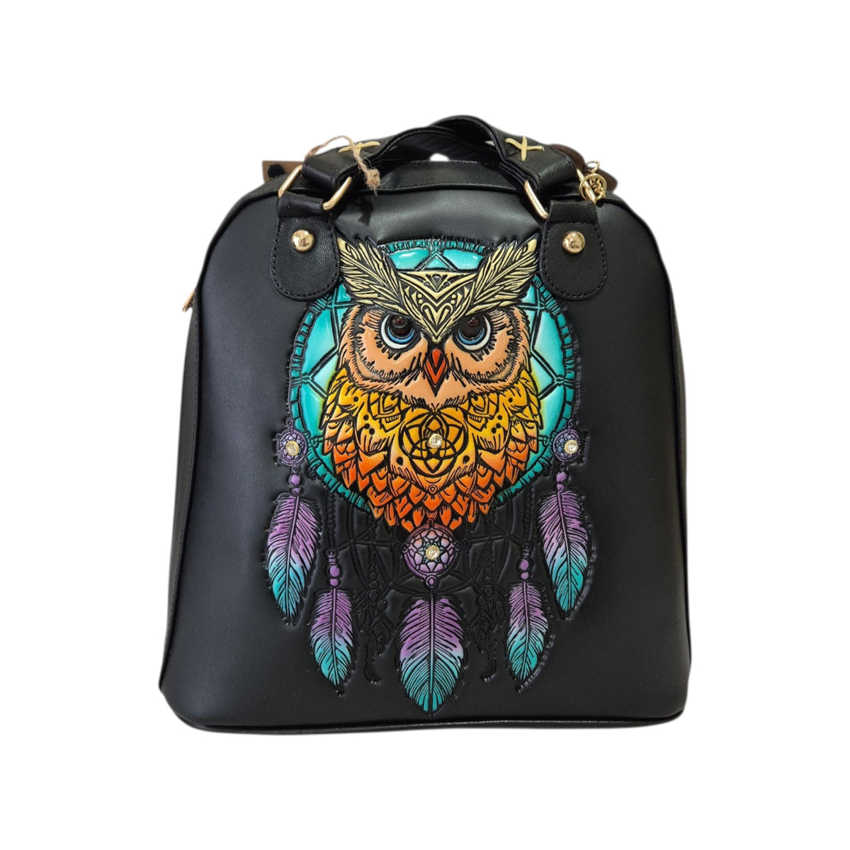 Bolsa Mochila Artesanal en Relieve Búho Atrapasueños Negra