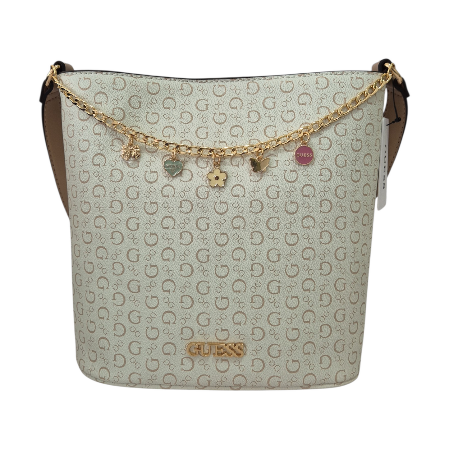 Bolsa Guess beige con cadena dorada y dijes original