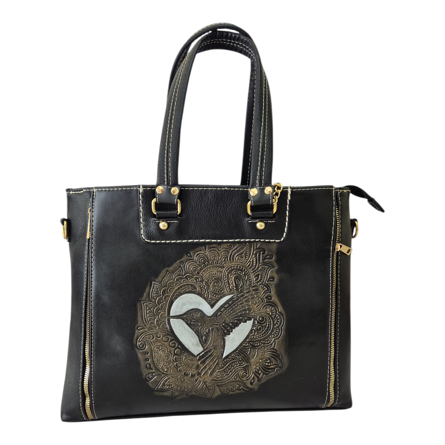 Bolsa negra con grabado de colibrí color oro antiguo doble compartimento