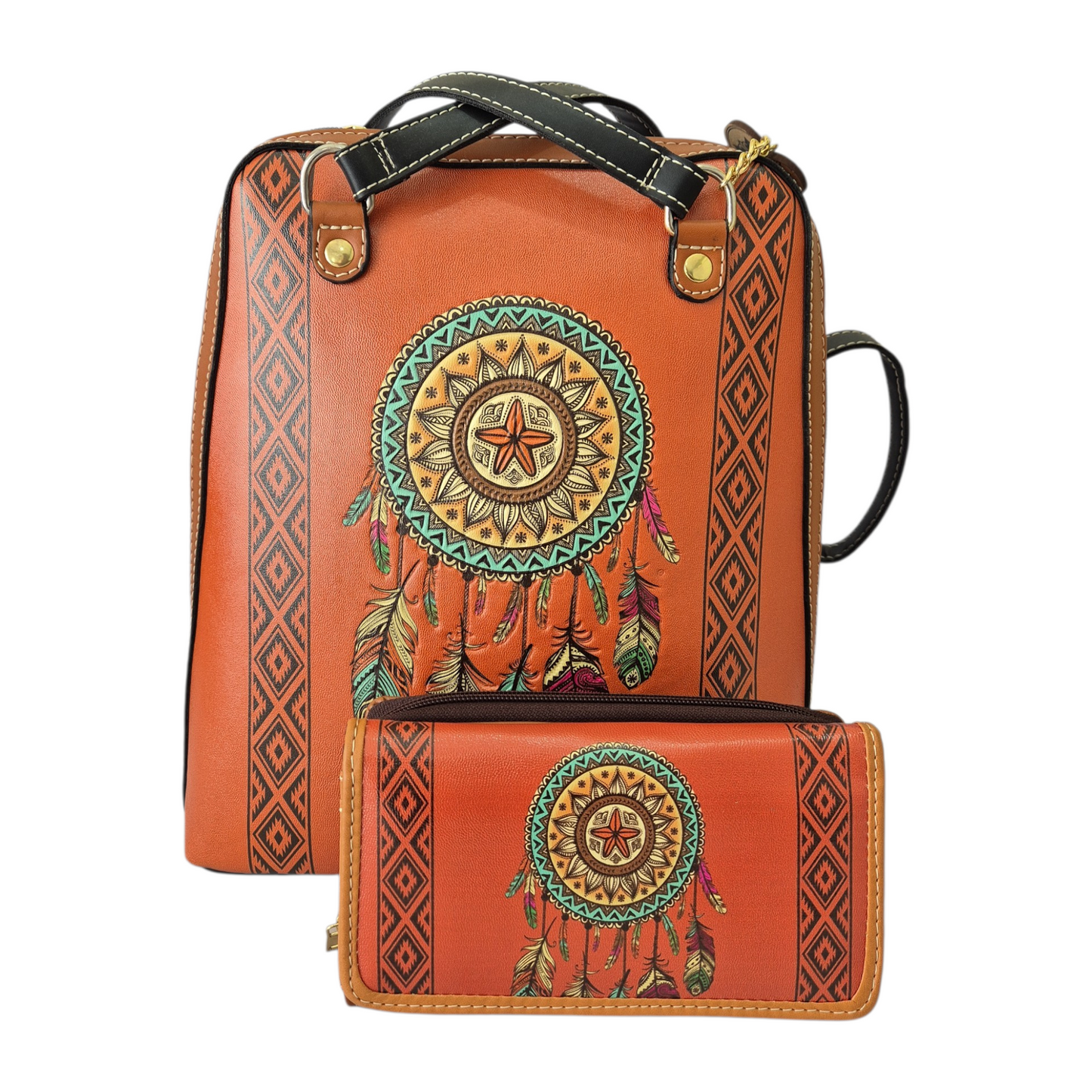 Bolsa mochila artesanal naranja con atrapasueños + billetera