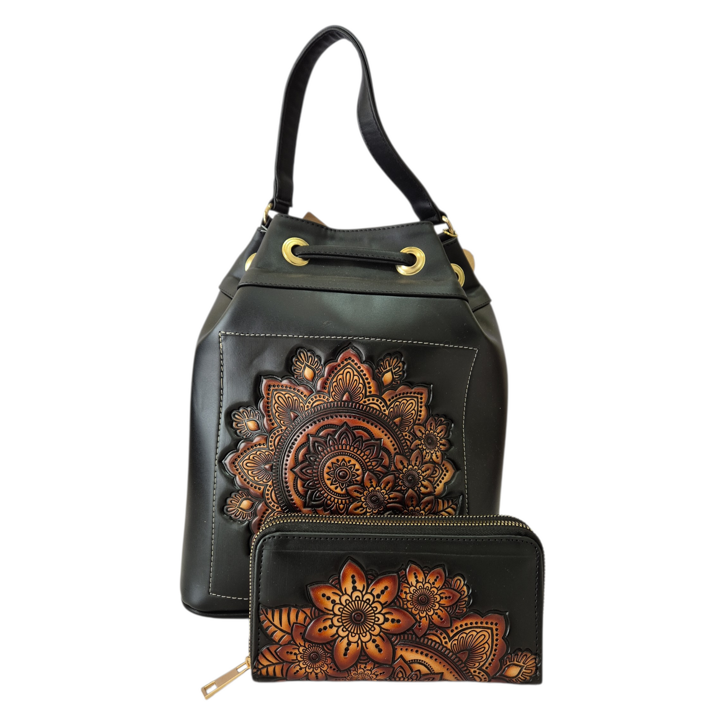 Set de Bolsa Tipo Bucket y Billetera Artesanal con Grabado Mandala en Relieve