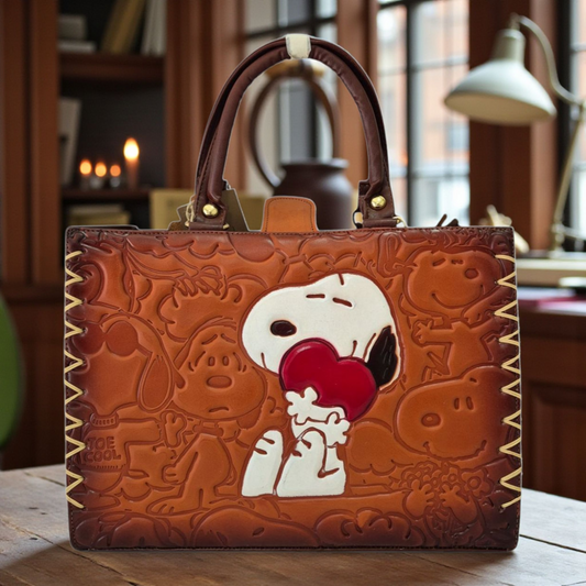 Bolsa artesanal de piel grabada con diseño animado y asa corta