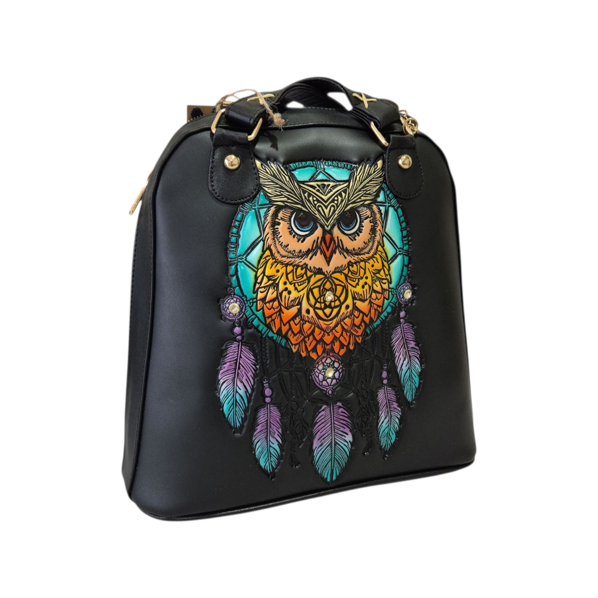 Bolsa Mochila Artesanal en Relieve Búho Atrapasueños Negra