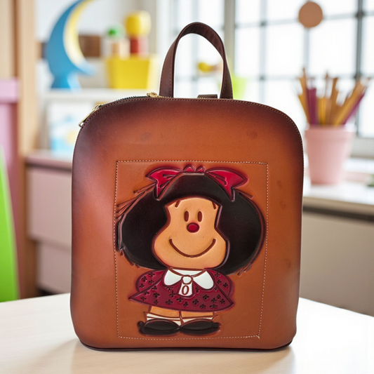 Mochila café casual artesanal de piel con diseño de personaje encantador en relieve