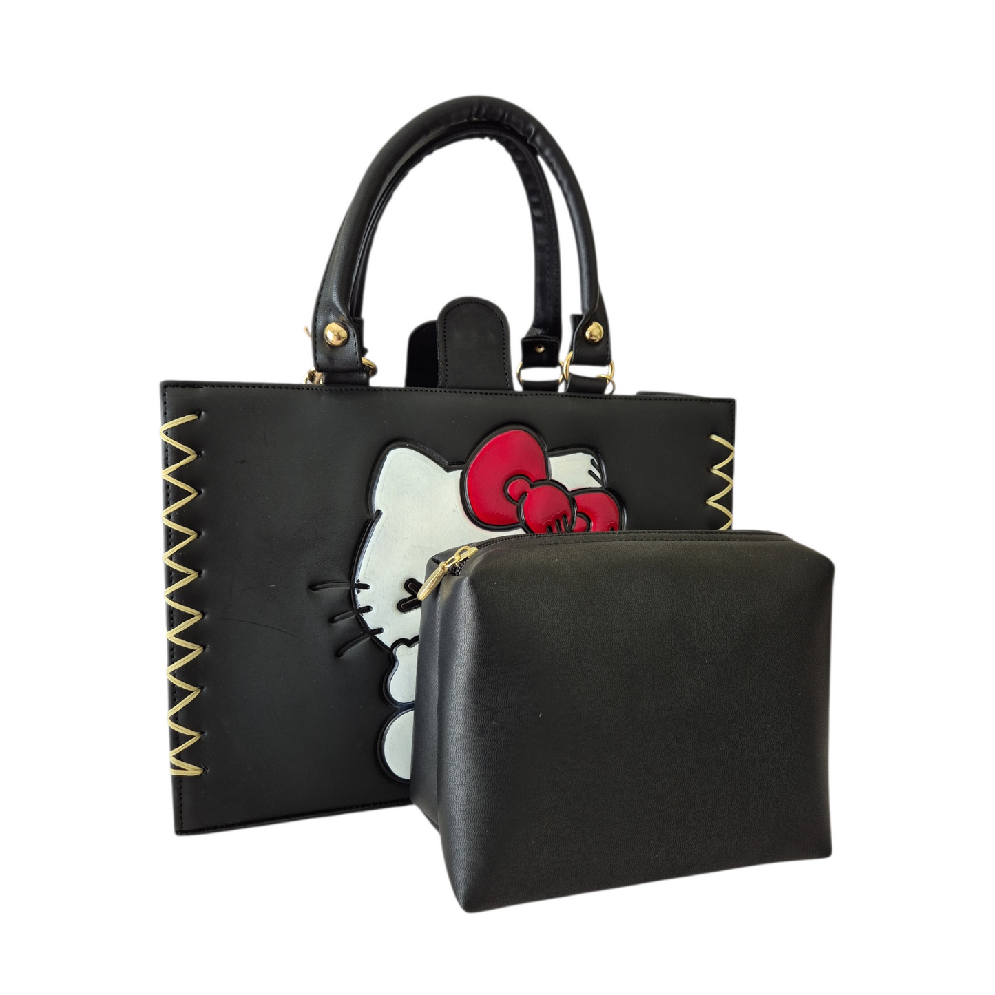 Bolso de Mano Negro con Diseño Cute + Billetera a Juego | Estilo Único y Elegante