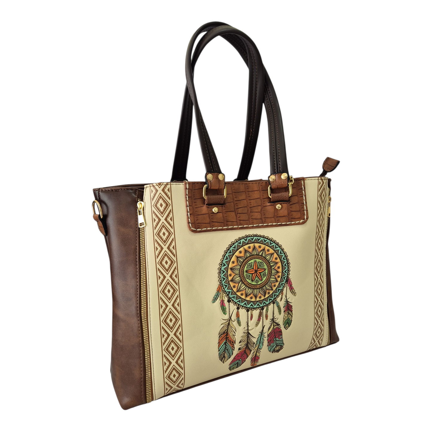 Bolsa beige con diseño de atrapasueños doble compartimento