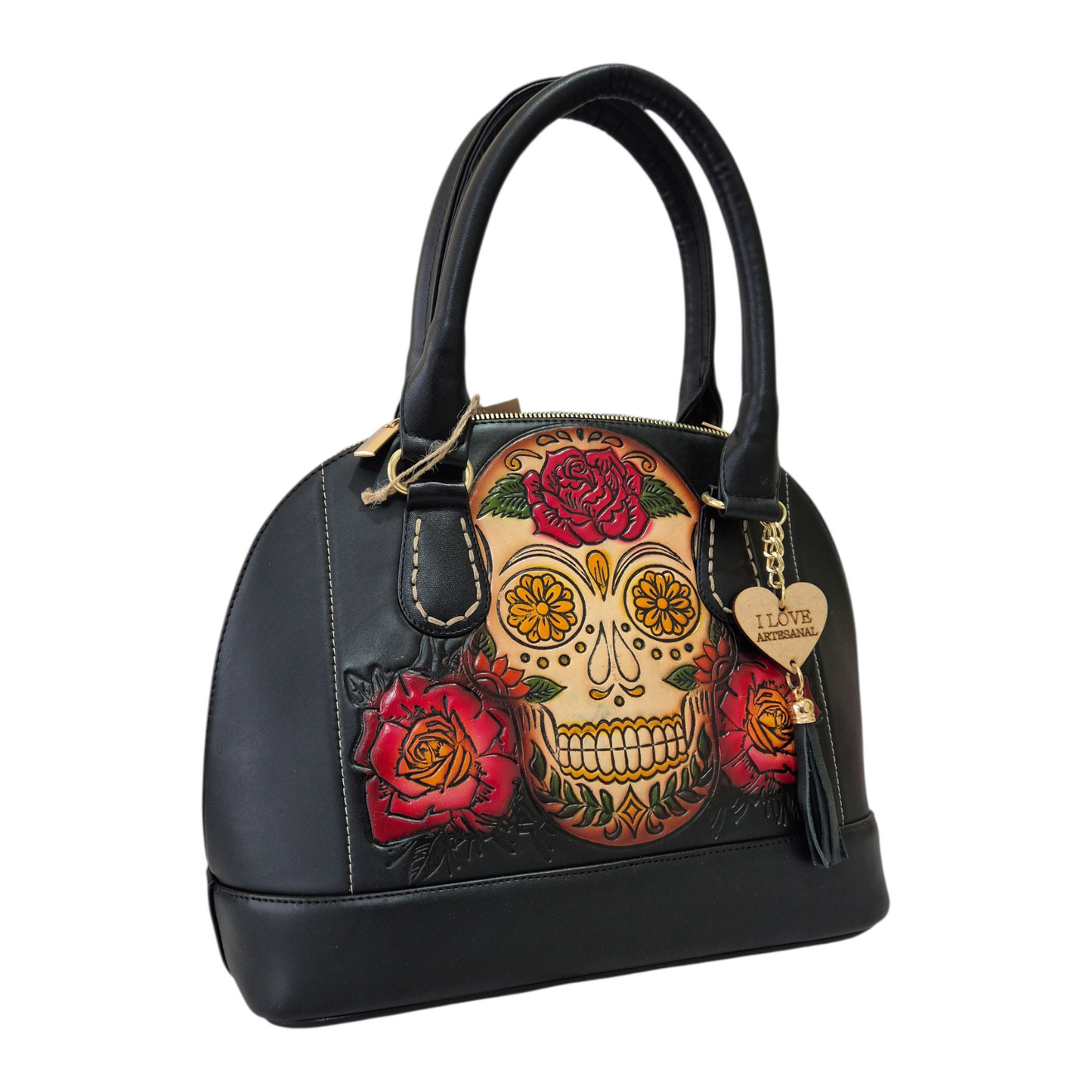 Bolsa artesanal con diseño de calavera floral — Elegancia mexicana hecha a mano
