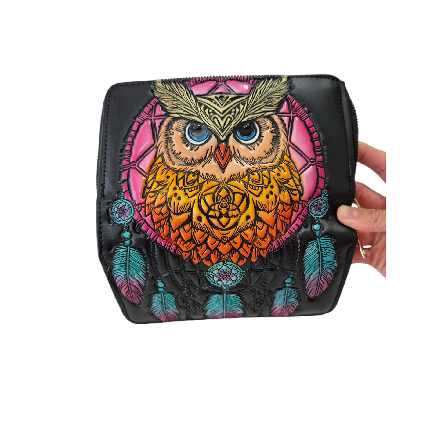 Billetera Artesanal con Búho y Atrapasueños Color Rosa