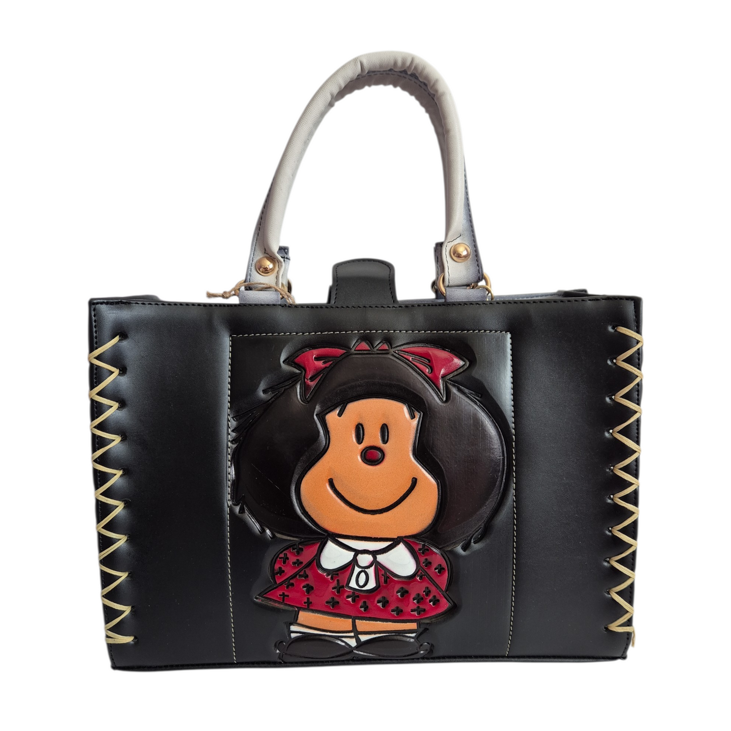 Bolsa Mafalda negra en relieve con asas blancas y cosmetiquera incluida