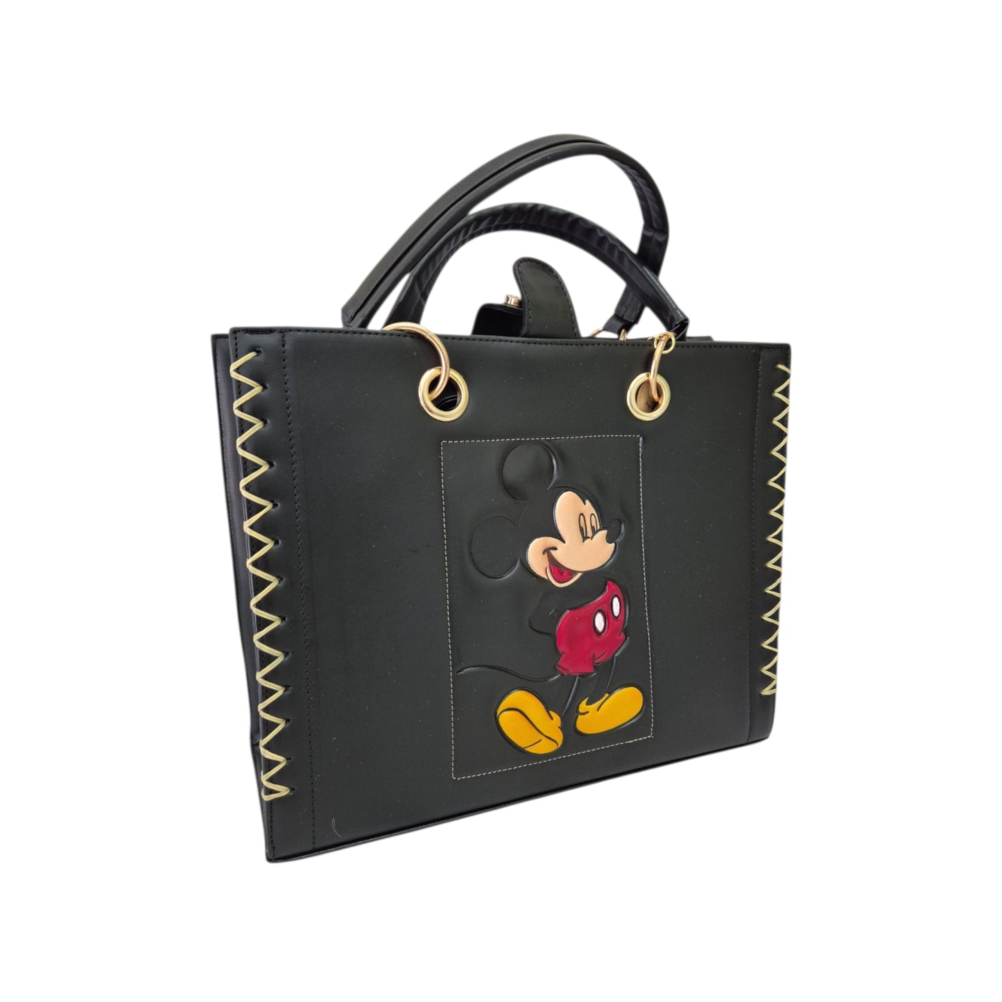Handmade bag with a unique design. Includes a cosmetic bag, short handles, and an adjustable long strap.