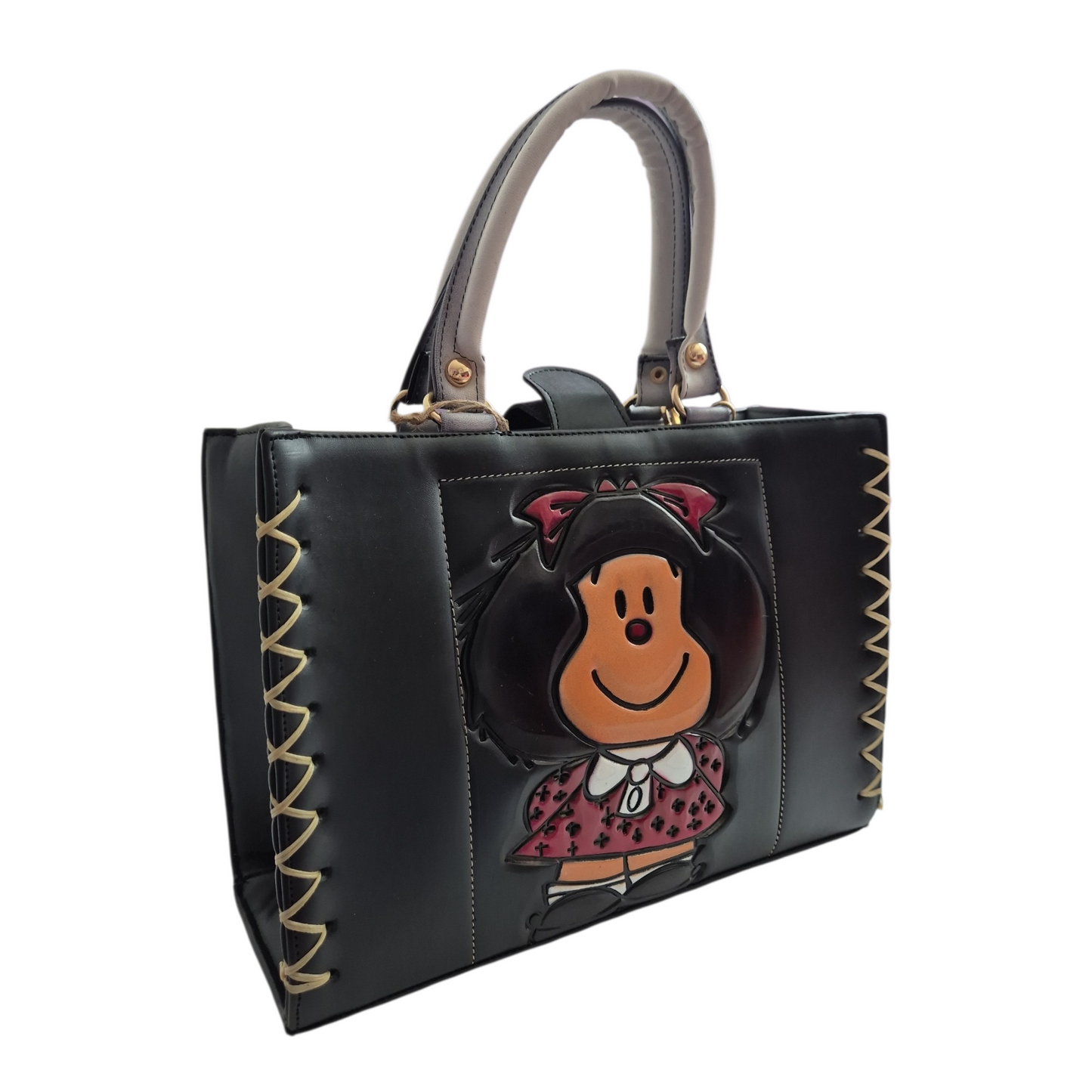 Bolsa Mafalda negra en relieve con asas blancas y cosmetiquera incluida