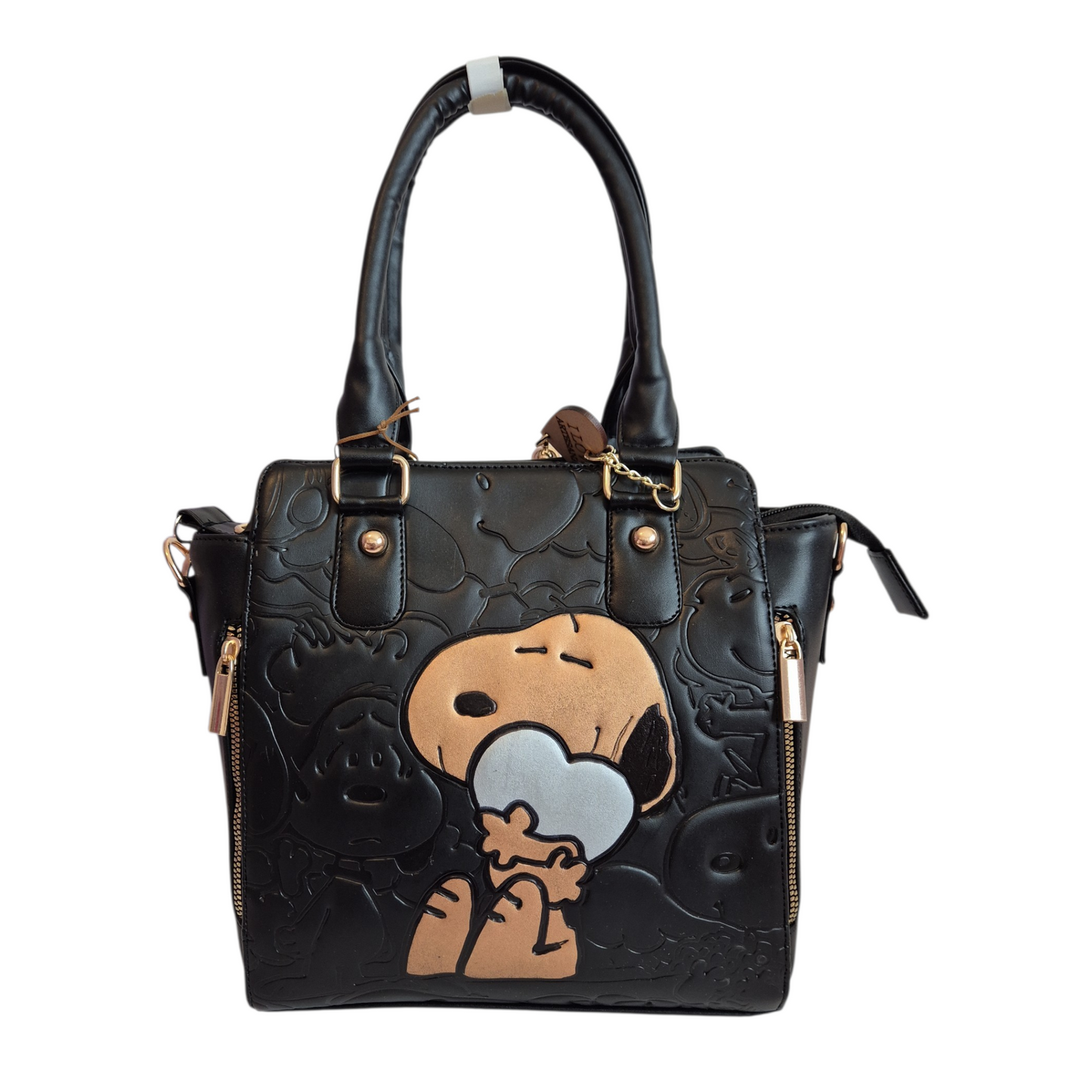 Bolsa Snoopy negra de mano con diseño grabado y correa ajustable