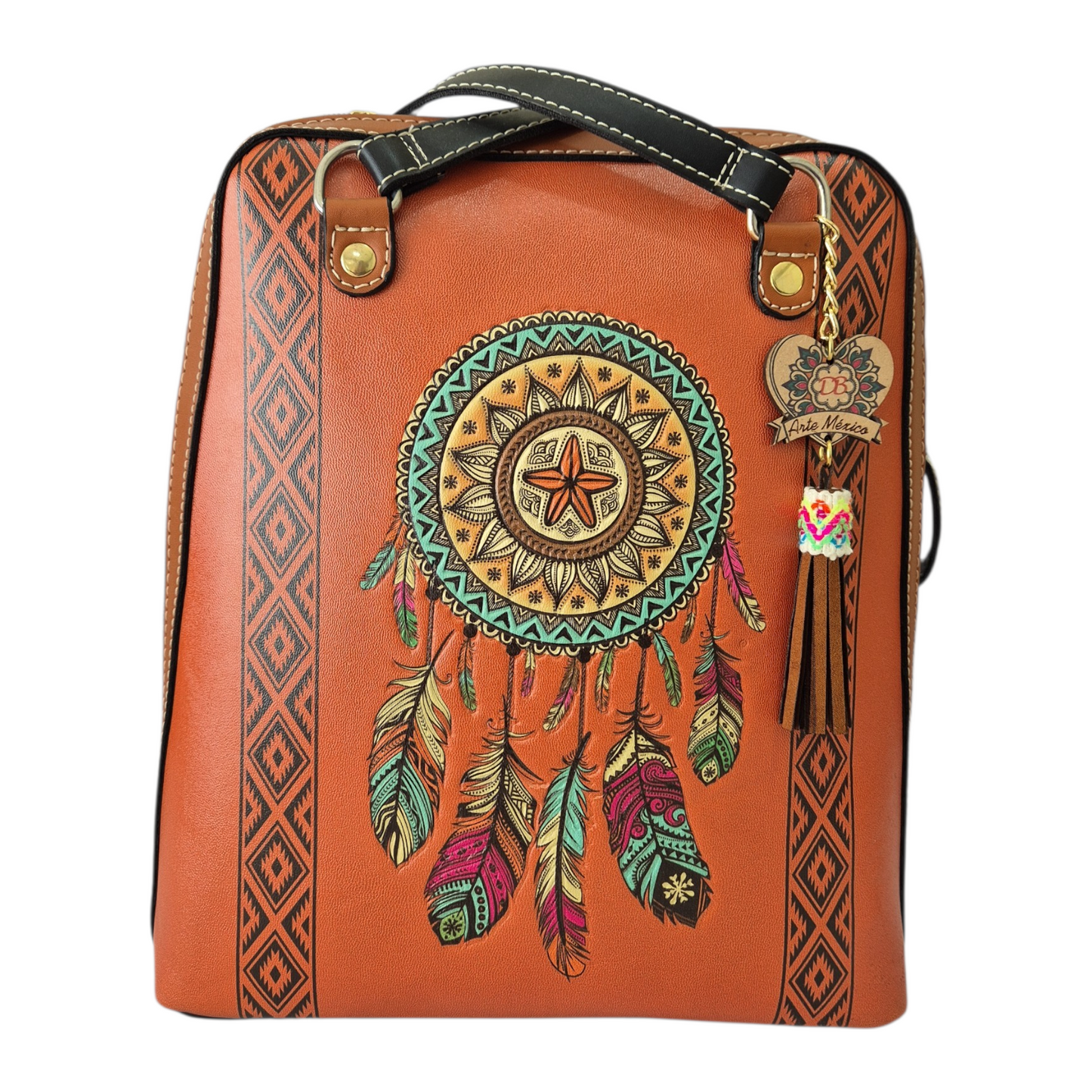 Bolsa mochila artesanal naranja con atrapasueños + billetera