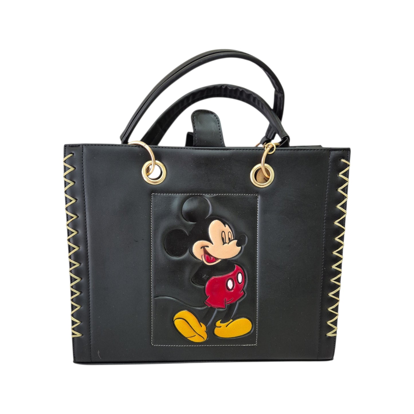 Handmade bag with a unique design. Includes a cosmetic bag, short handles, and an adjustable long strap.
