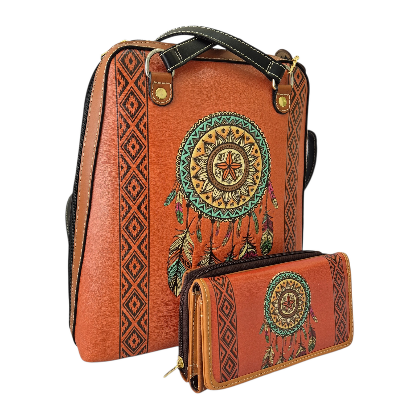 Bolsa mochila artesanal naranja con atrapasueños + billetera