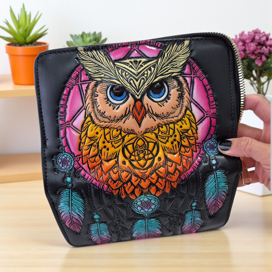 Billetera Artesanal con Búho y Atrapasueños Color Rosa