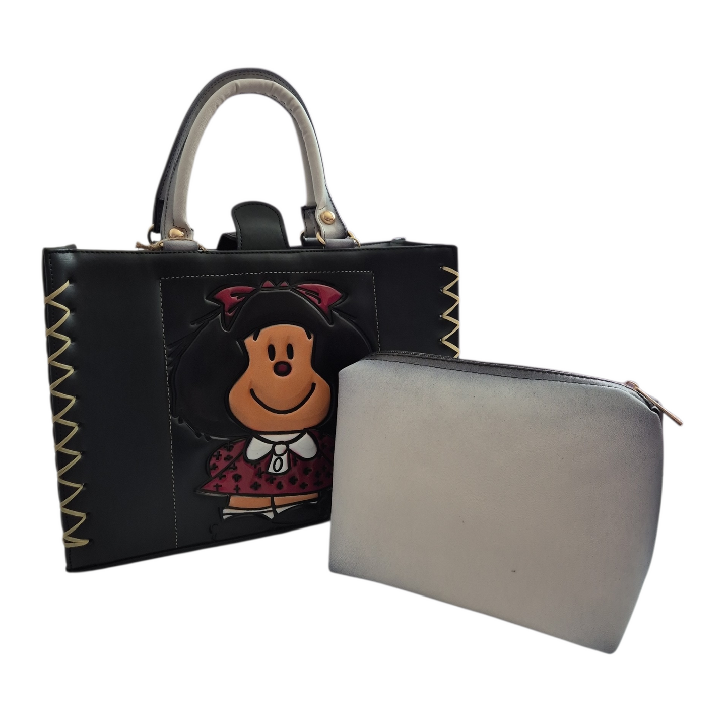 Bolsa Mafalda negra en relieve con asas blancas y cosmetiquera incluida