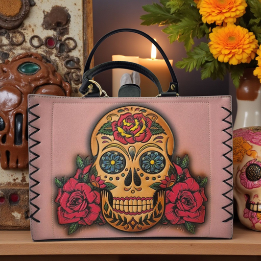 Bolso de Mano Rosa con Diseño de Calavera Mexicana y Rosas