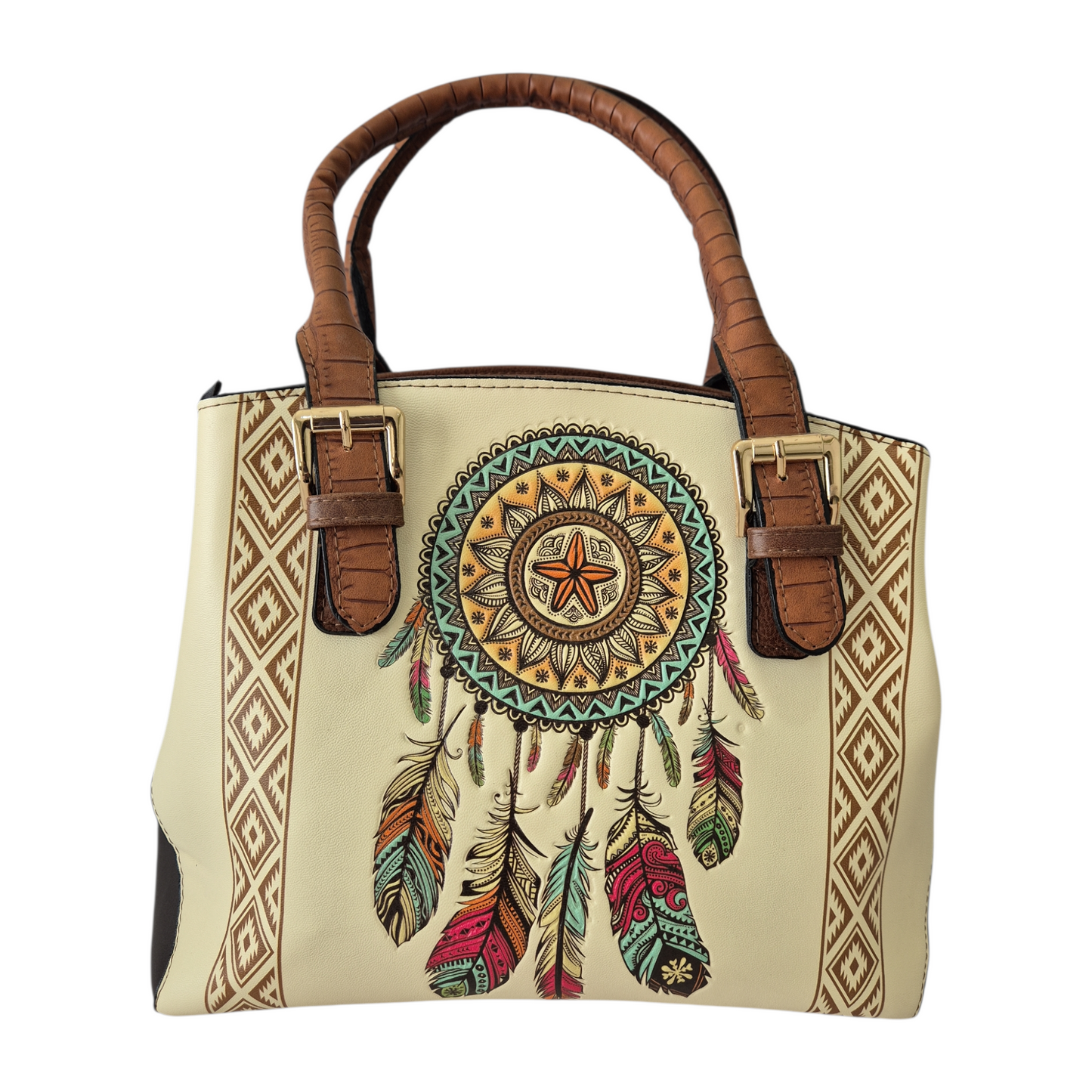 Set Artesanal de Bolsa y Billetera en Cuero Vegano con Diseño Étnico Atrapasueños