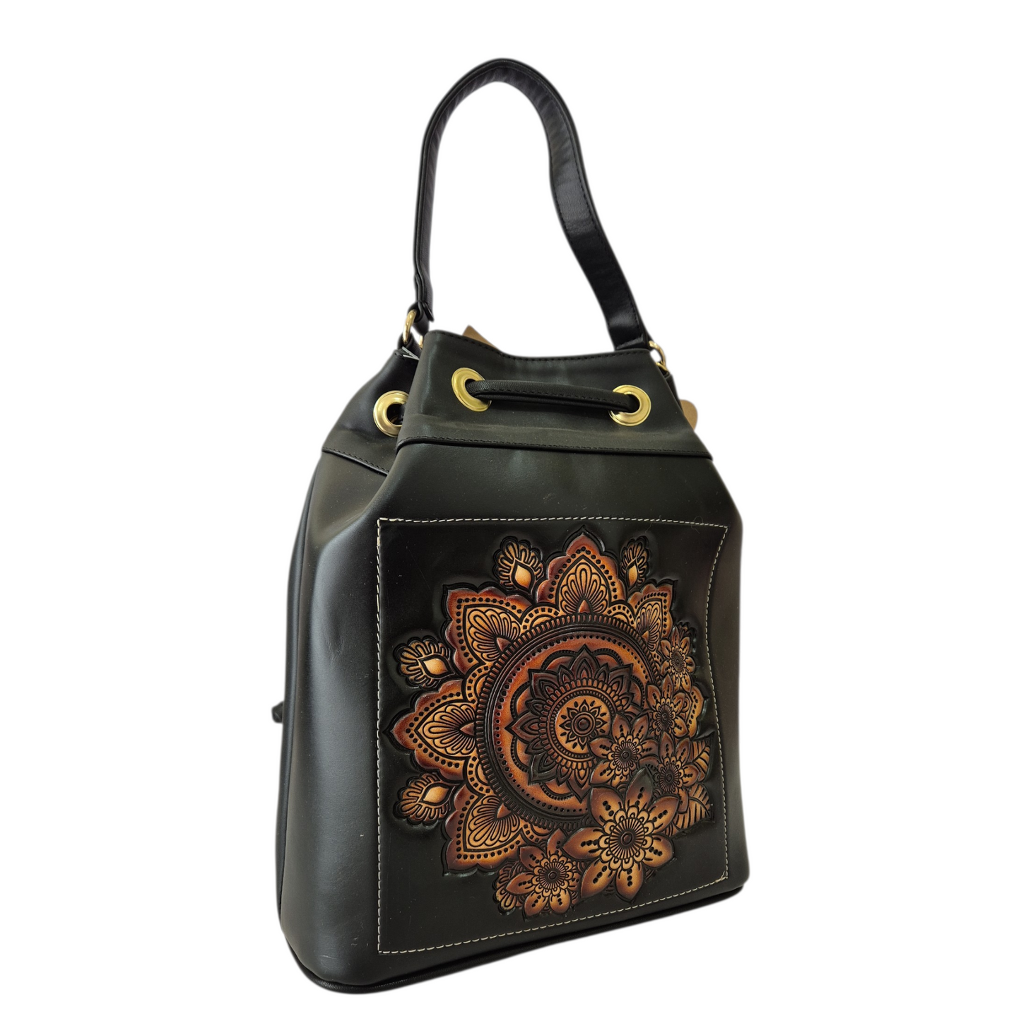 Set de Bolsa Tipo Bucket y Billetera Artesanal con Grabado Mandala en Relieve