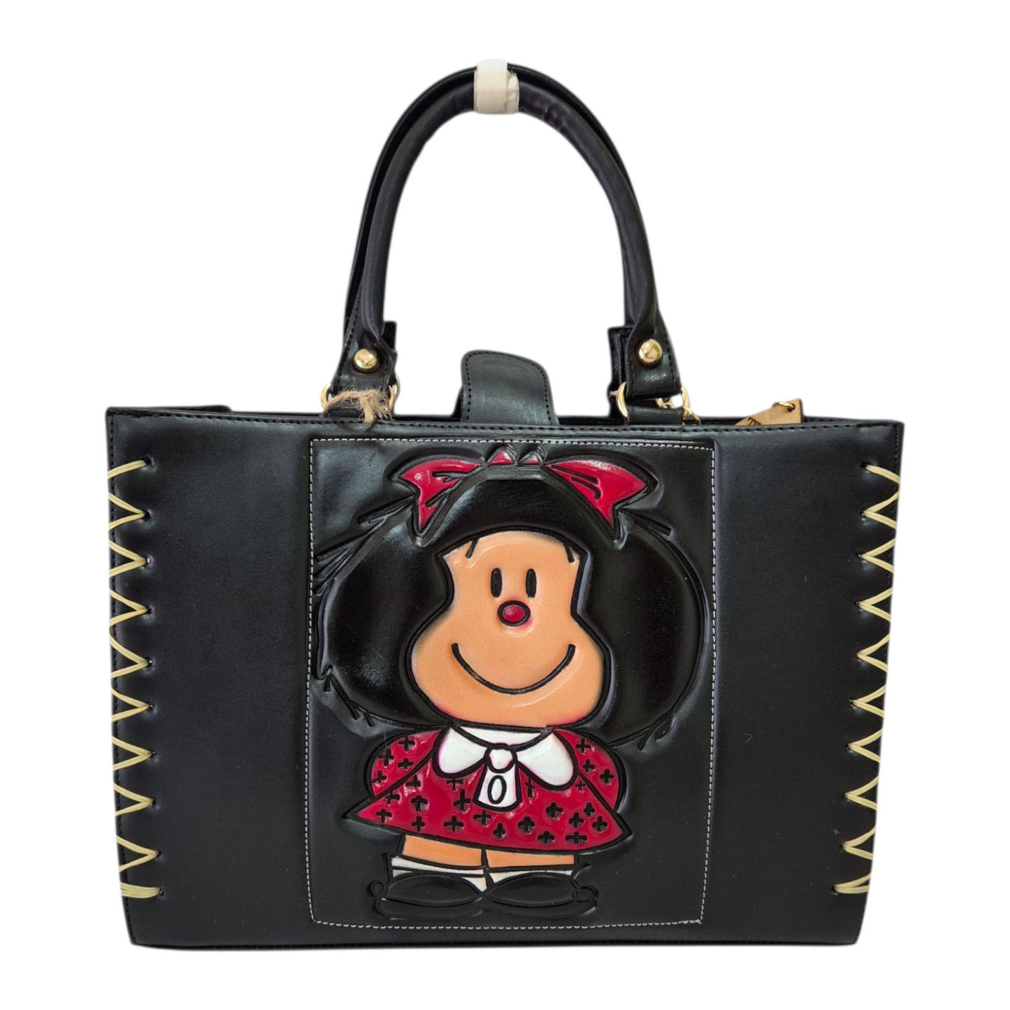 Bolsa de mano negra con diseño en relieve  incluye cosmetiquera