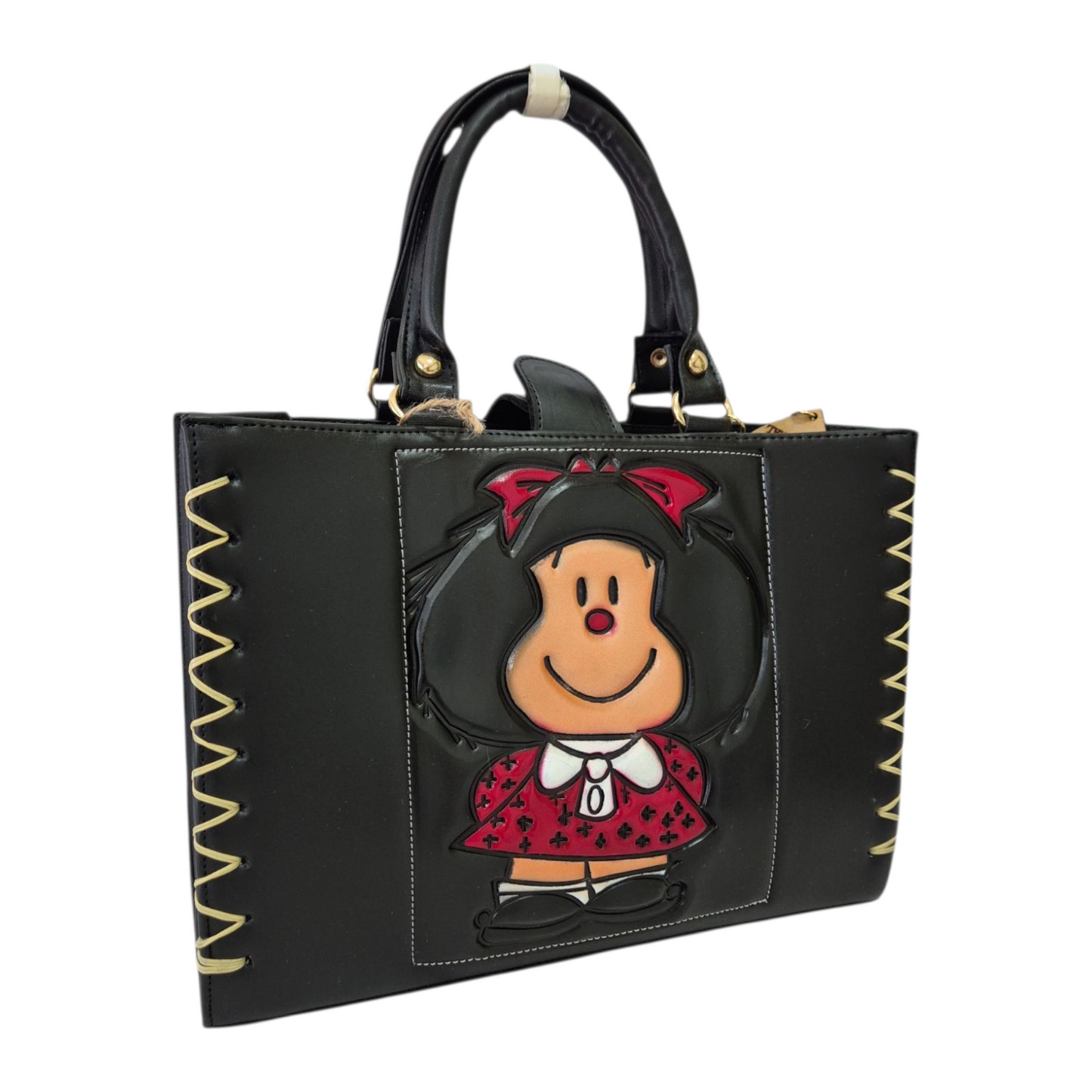 Bolsa de mano negra con diseño en relieve  incluye cosmetiquera